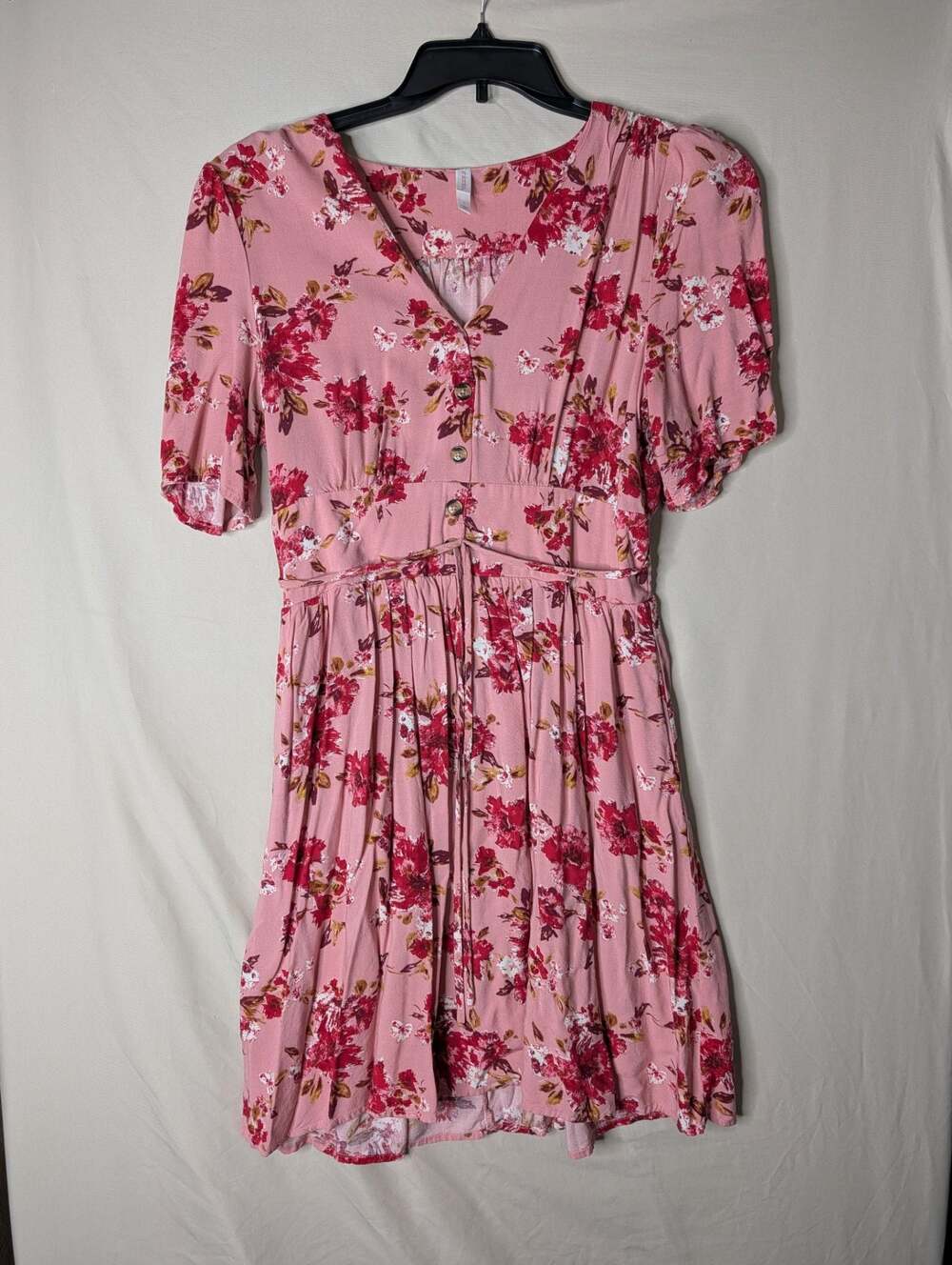 Xhilaration Pink Floral Button-Front V-Neck Smocked Waist Mini Dress - Picture 1 of 7